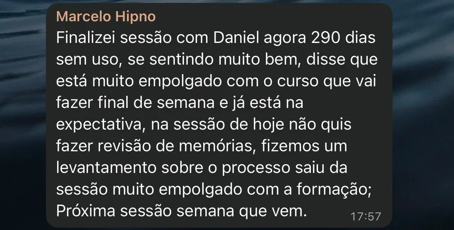 Mensagem de Marcelo Hipno sobre 290 dias sem uso